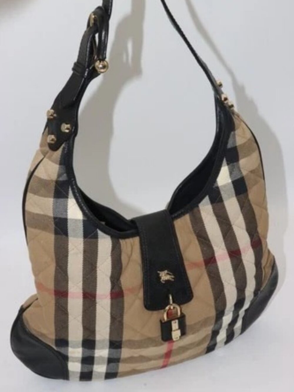 Burberry Leather House Check Quilted Canvas Brook Hobo Bag - Beige/Black *READ*